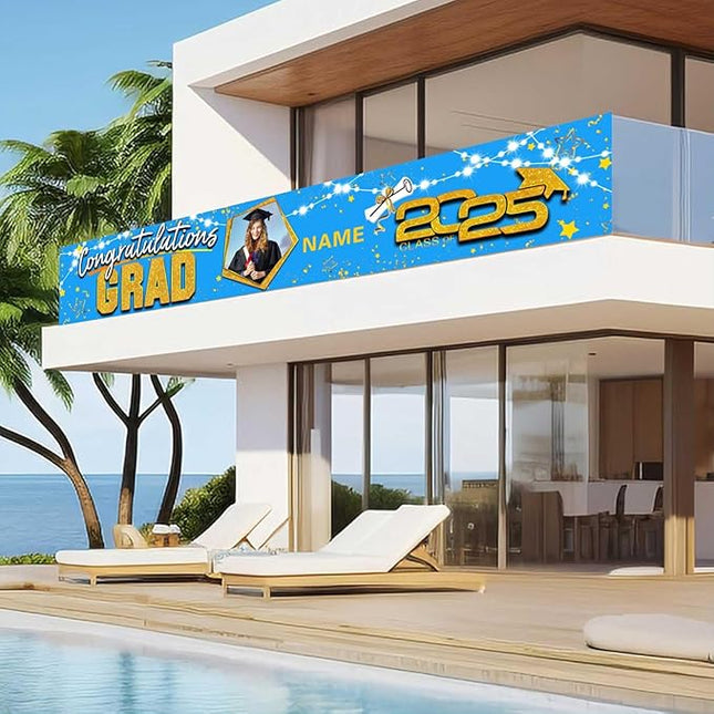 UUBAO Custom Graduation Party Decorations 2025 Personalization Congrats Grad Banner Graduation Backdrop(Sky Blue and Gold)