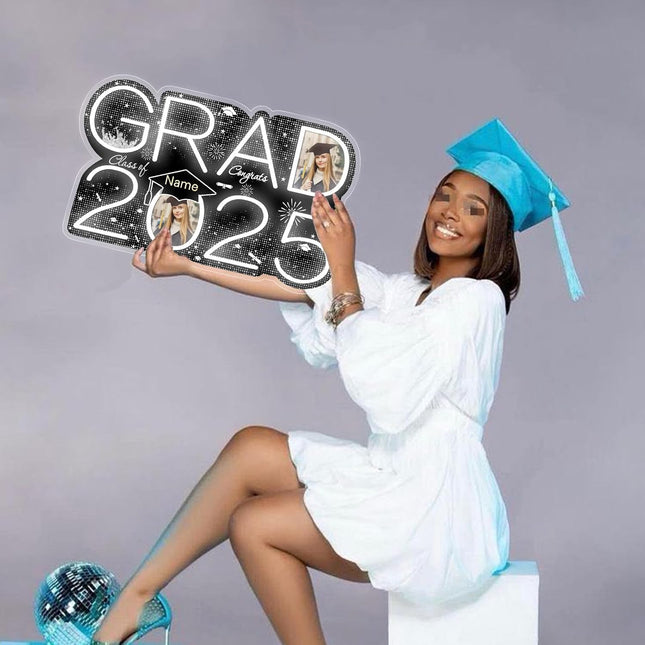 UUBAO Personalized Graduation Gift Neon Signs Congrats Grad LED Light Signs with Photo 2025 Party Backdrop Light Sign Decor (Black and Silver)