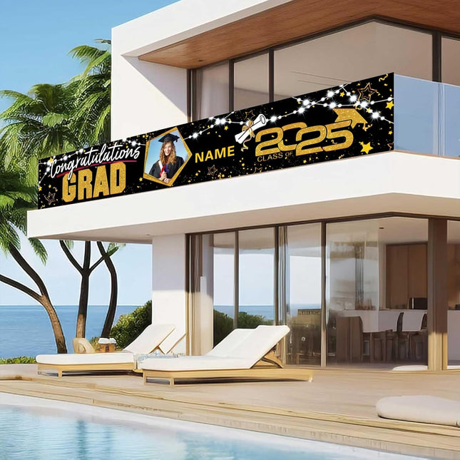 UUBAO Custom Graduation Party Decorations 2025 Personalization Congrats Grad Banner Graduation Backdrop(Black and Gold)