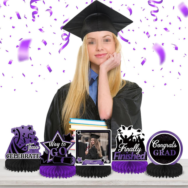 UUBAO 9 PCS Custom Graduation Party Honeycomb Centerpieces Class of 2025 Congrats Grad Decorations Congratulate Graduation Table Toppers for Graduation Party Favor Supplies (Purple)