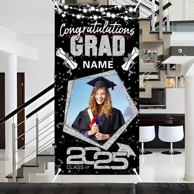 UUBAO Custom Graduation Party Decorations Personalization Banner Class of 2025 Backdrop Door Cover (Black and Silver)