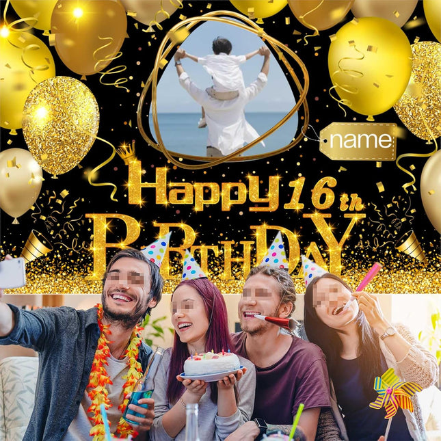 UUBAO Custom Black Gold Theme Birthday Banner for Party Happy Birthday Backdrop Decoration Personalized with Name and Photo