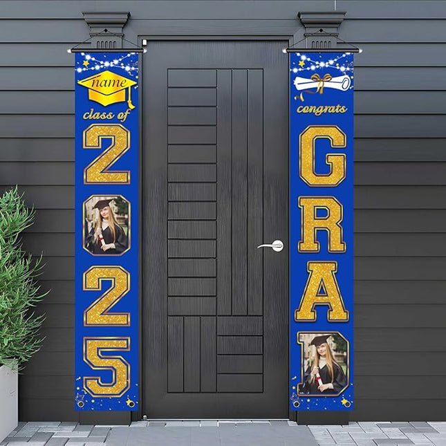 UUBAO Custom Graduation Party Decorations 2025 Personalization Congrats Grad Banner Graduation Front Door Porch Sign Backdrop(Blue and Gold)