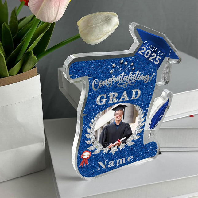 UUBAO Personalized Graduation Gift Class of 2025 Desk Paperweight Farewell Memorial Decorative Signs Plaques with Photo (Blue and Silver)