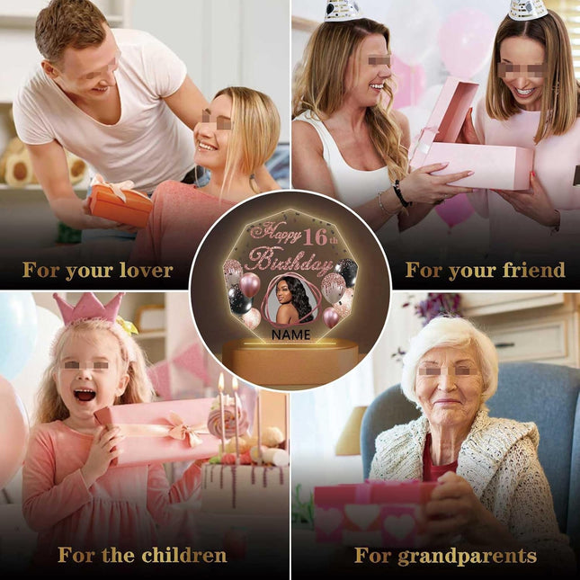 UUBAO Personalized Happy Birthday Night Light Gift with Photo Customized Acrylic Lamp for Her Mom Daughter Grandma Nana(Rose Gold Pink)