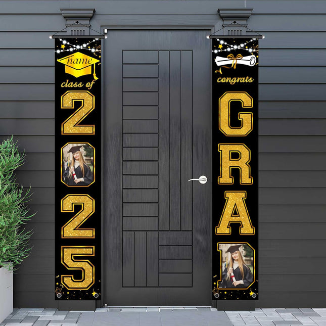 UUBAO Custom Graduation Party Decorations 2025 Personalization Congrats Grad Banner Graduation Front Door Porch Sign Backdrop(Black and Gold)