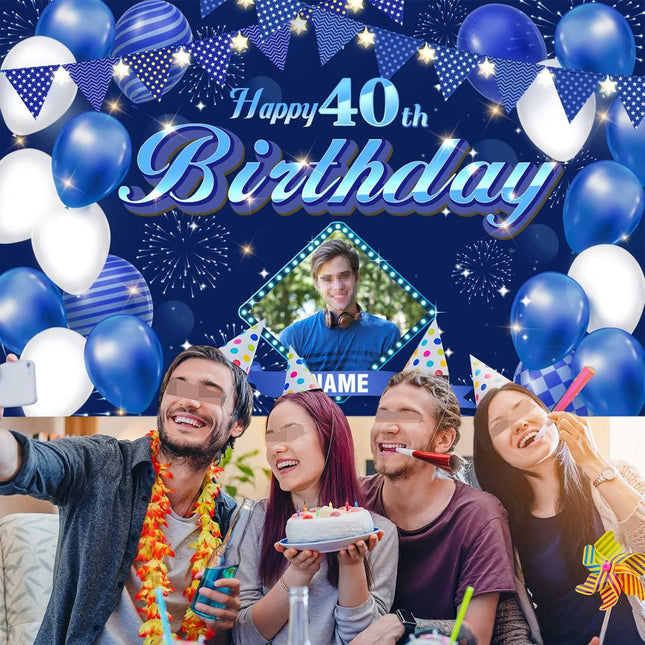 UUBAO Custom Navy Blue Theme Birthday Banner for Party Happy Birthday Backdrop Decoration Personalized with Name and Photo