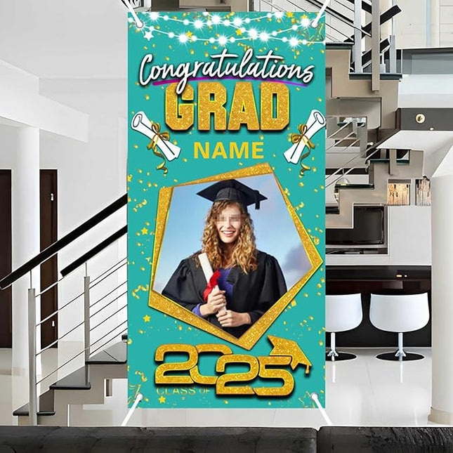 UUBAO Custom Graduation Party Decorations Personalization Banner Class of 2025 Backdrop Door Cover (Peacock Blue and Gold)