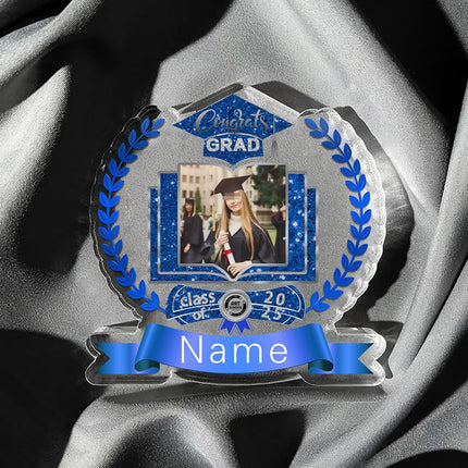 UUBAO Customized Graduation Plaque with Single Picture Custom Picture 2025 Congrats Grad Crystal Desktop Farewell Keepsake Gift (Blue and Silver)