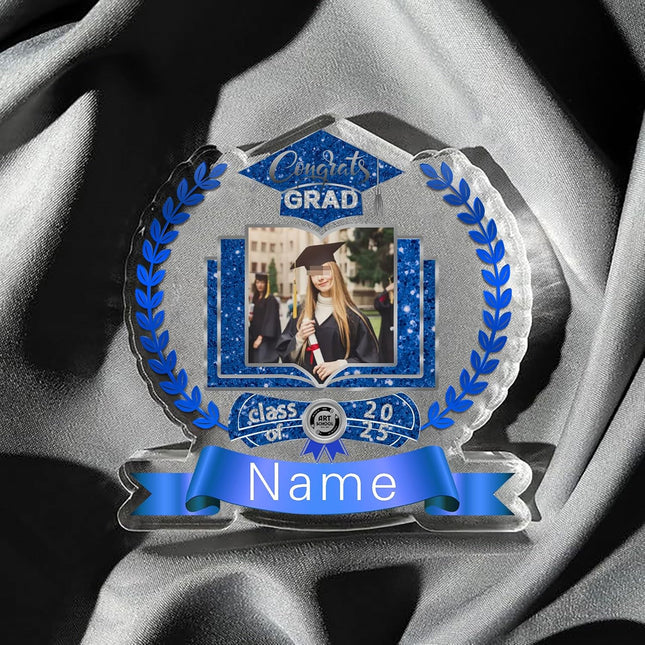 UUBAO Customized Graduation Plaque with Single Picture Custom Picture 2025 Congrats Grad Crystal Desktop Farewell Keepsake Gift (Blue and Silver)