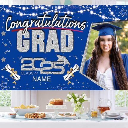 UUBAO Custom Graduation Party Decorations Personalization Banner Class of 2025 Backdrop (Blue and Silver)