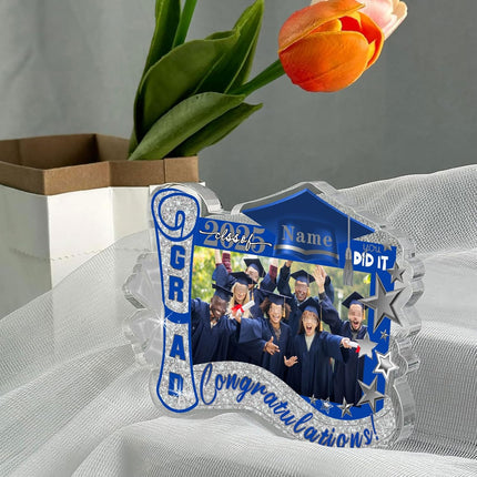 UUBAO Customized Graduation Plaque with Photo Crystal Desktop Keepsake Gift (Blue and Silver)
