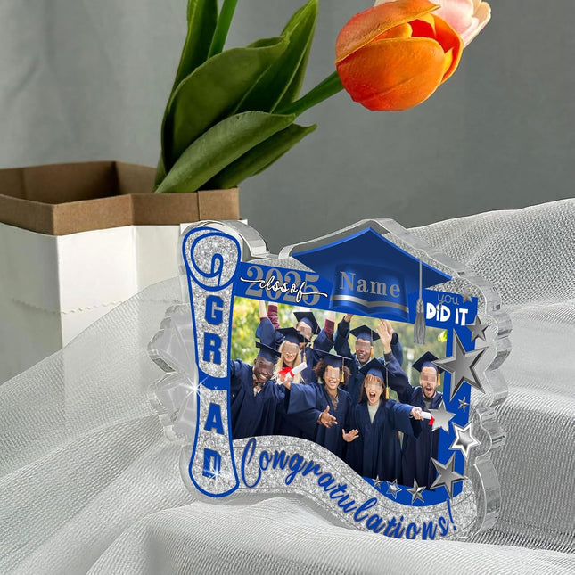 UUBAO Customized Graduation Plaque with Photo Crystal Desktop Keepsake Gift (Blue and Silver)