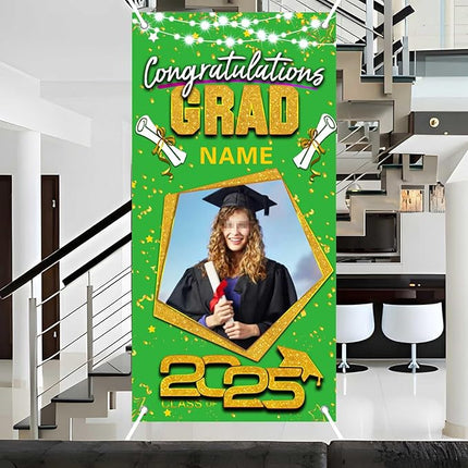 UUBAO Custom Graduation Party Decorations Personalization Banner Class of 2025 Backdrop Door Cover (Light Green and Gold)