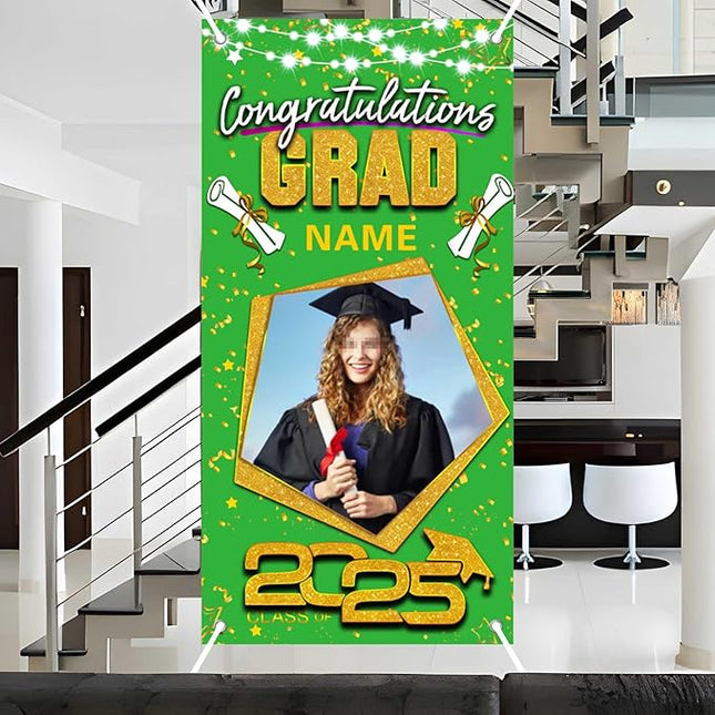 UUBAO Custom Graduation Party Decorations Personalization Banner Class of 2025 Backdrop Door Cover (Light Green and Gold)