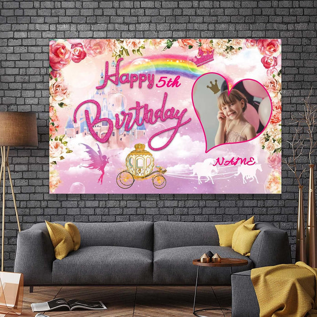 UUBAO Custom Princess Castle Happy Birthday Party Decorations Supplies Personalized Pink Royal Backdrop Banner for Girl