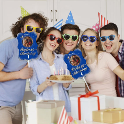 UUBAO Personalized Double Sided Happy Birthday Photo Prop Face Fan Customized Birthday Fun Supplies(Blue and Silver)