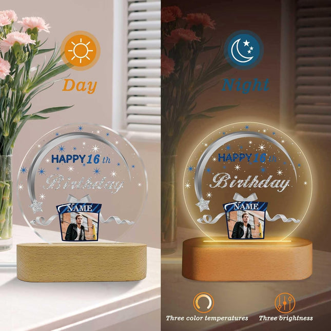 UUBAO Personalized Happy Birthday Night Light Gift with Photo Customized Acrylic Lamp for Her Mom Daughter Grandma Nana(Navy Blue and Silver)