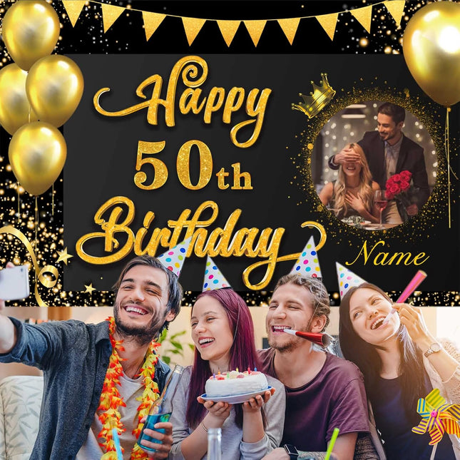 UUBAO Custom Happy Birthday Decorations Banner Backdrop for Women Men Boys Girls Personalization Black and Gold Birthday Party Supplies