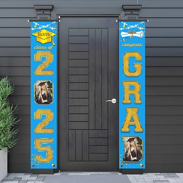 UUBAO Custom Graduation Party Decorations 2025 Personalization Congrats Grad Banner Graduation Front Door Porch Sign Backdrop(Sky Blue and Gold)