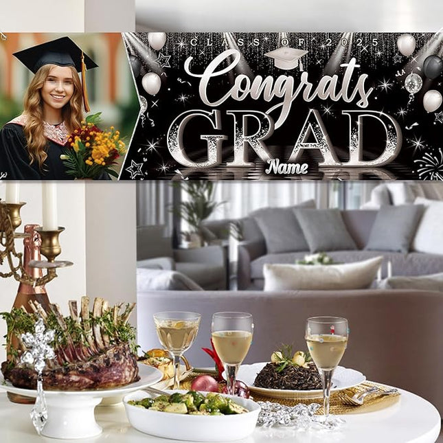 UUBAO Custom Graduation Party Decorations Personalization Banner Class of 2025 Backdrop (Black and Silver）