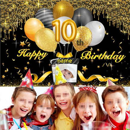 UUBAO Custom Black Gold Theme Birthday Banner for Party Happy Birthday Backdrop Decoration Personalized with Name and Photo