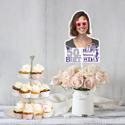UUBAO Custom Happy Birthday Face Cutout Fans Personalized Photo Prop Signs for Birthday Party(Purple and Silver）