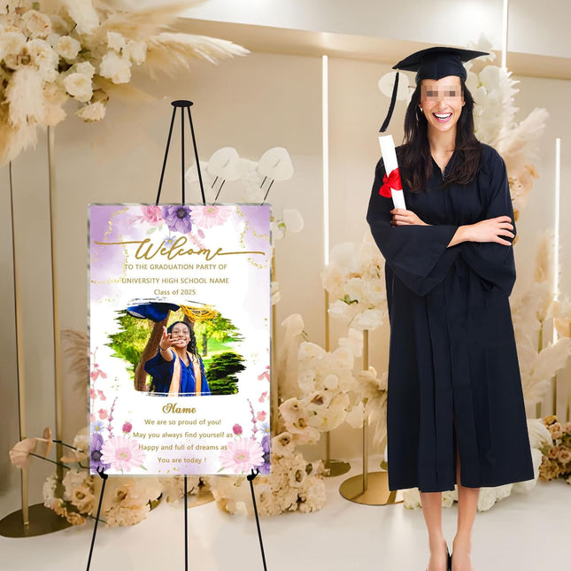 UUBAO Customized Welcome Sign for Graduation Party Personalized Acrylic Sign with Photo Name Class of 2025 Graduation Decor(Purple Flowers)