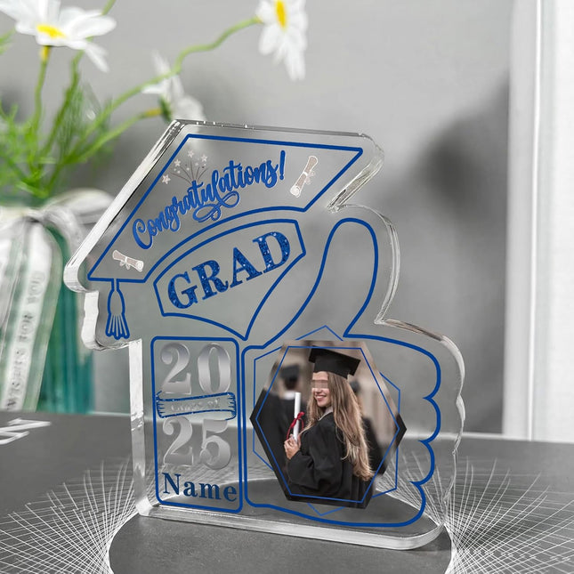UUBAO Personalized Graduation Decorative Signs Plaques Class of 2024 Desk Paperweight Farewell Memorial Gift with Photo(Blue and Silver)