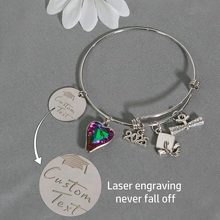 UUBAO Custom Graduation Bracelet 2025 Personalized Engraved Name High School College Graduation Gifts, Senior Graduate Crystal Heart Charm Bracelet Bangle