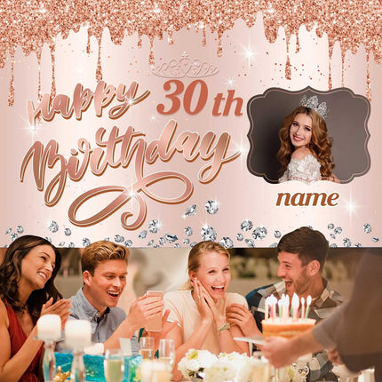 UUBAO Custom Happy Birthday Backdrop Personalization Glitter Diamond Banner for Girls Women(Rose Gold)