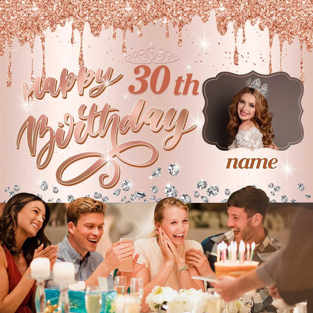 UUBAO Custom Happy Birthday Backdrop Personalization Glitter Diamond Banner for Girls Women(Rose Gold)