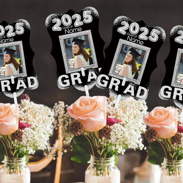 UUBAO Personalized Graduation Double Sided Face Fan Class of 2025 Customized Graduation Head Face Cutout with Handle Fun Photo Prop Supplies(Black and Silver)