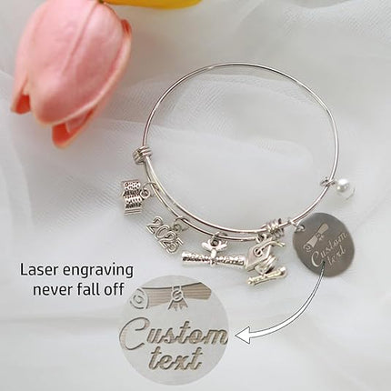 UUBAO Custom Graduation Bracelet 2025 Personalized Engraved Name High School College Graduation Gifts, Senior Graduate Crystal Heart Charm Bracelet Bangle