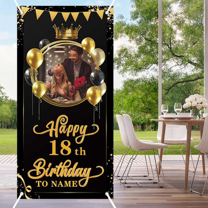 UUBAO Custom Happy Birthday Door Banner Backdrop Birthday Decorations Party Supplies for Women Men(Black and Gold)