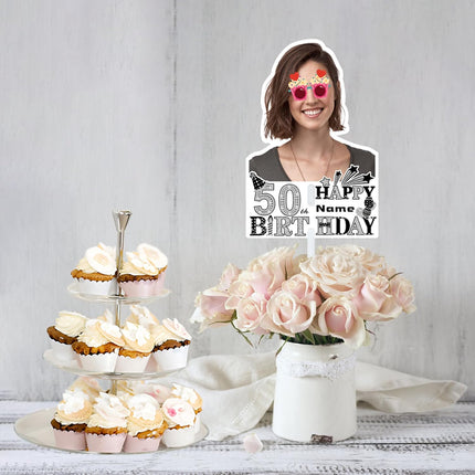 UUBAO Custom Happy Birthday Face Cutout Fans Personalized Photo Prop Signs for Birthday Party(Black and Silver)