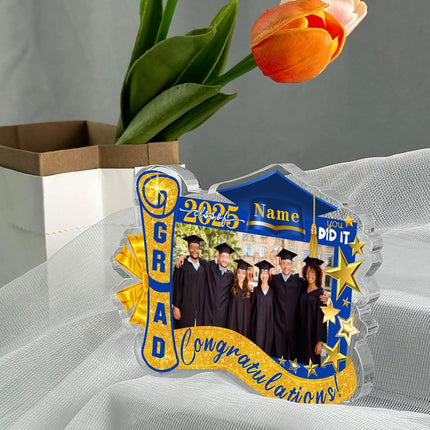 UUBAO Customized Graduation Plaque with Photo Crystal Desktop Keepsake Gift (Blue and Gold)