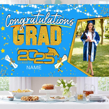 UUBAO Custom Graduation Party Decorations Personalization Banner Class of 2025 Backdrop (Sky Blue and Gold)