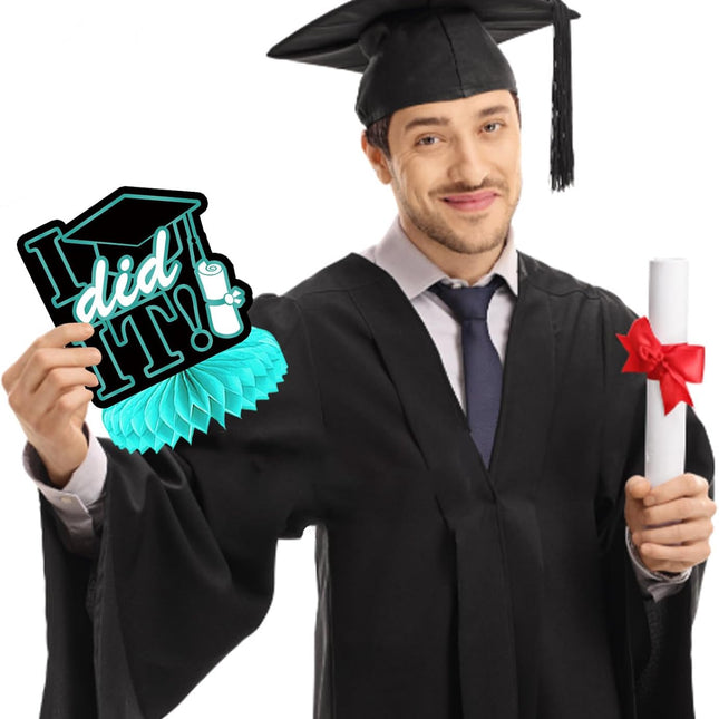 UUBAO 9 PCS Custom Graduation Party Honeycomb Centerpieces Class of 2025 Congrats Grad Decorations Congratulate Graduation Table Toppers for Graduation Party Favor Supplies (Peacock Blue)