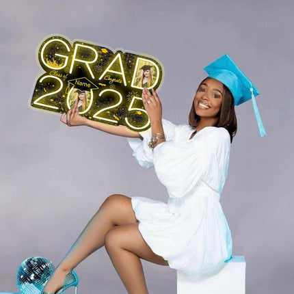 UUBAO Personalized Graduation Gift Neon Signs Congrats Grad LED Light Signs with Photo 2025 Party Backdrop Light Sign Decor (Black and Gold)
