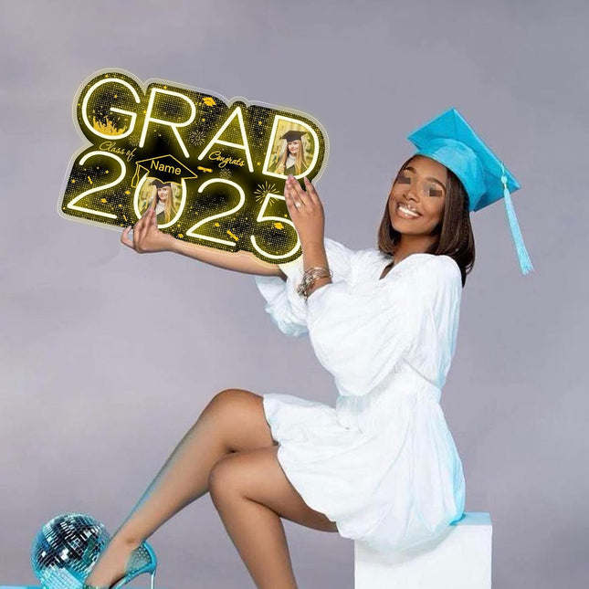 UUBAO Personalized Graduation Gift Neon Signs Congrats Grad LED Light Signs with Photo 2025 Party Backdrop Light Sign Decor (Black and Gold)