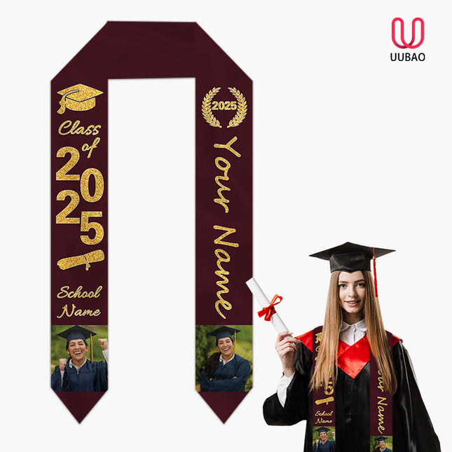 UUBAO Personalized Photo Name Graduation Shawl Custom Multi-color Option Graduation Stole Class Of 2025 Honor Shoulder Strap Decoration (Maroon)