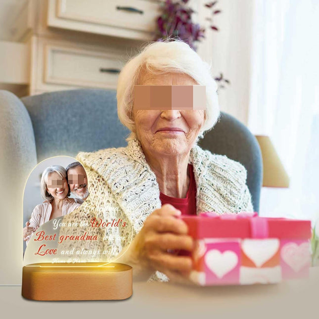 UUBAO Personalized Mother's Day Night Light Gift with Wooden Base Custom Photo Acrylic Plaque LED Night Lamp Gift for Grandma