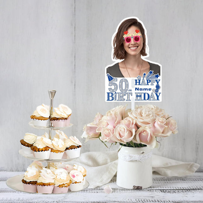 UUBAO Custom Happy Birthday Face Cutout Fans Personalized Photo Prop Signs for Birthday Party(Blue and Silver