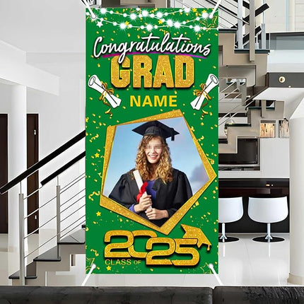 UUBAO Custom Graduation Party Decorations Personalization Banner Class of 2025 Backdrop Door Cover (Dark Green and Gold)