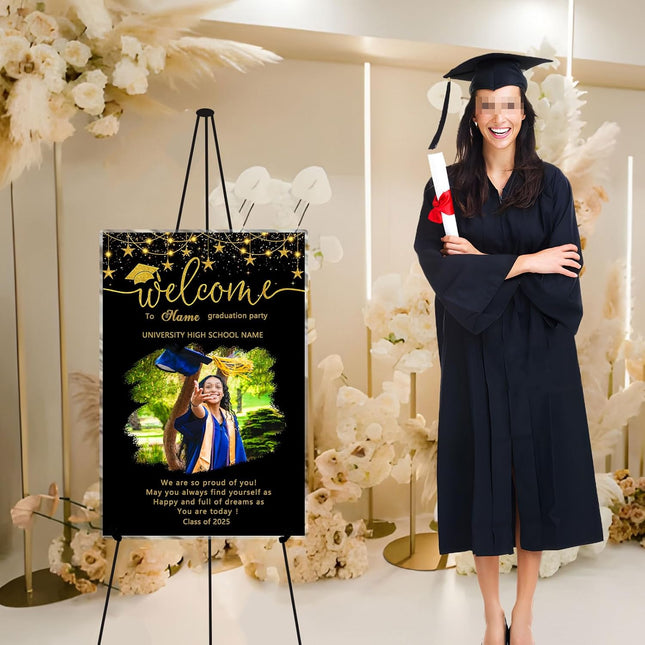 UUBAO Customized Welcome Sign for Graduation Party Personalized Acrylic Sign with Photo Name Class of 2025 Graduation Decor(Black and Gold)