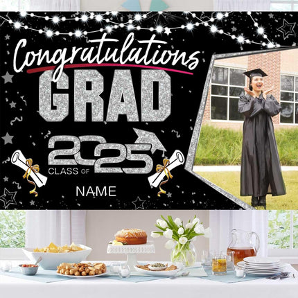 UUBAO Custom Graduation Party Decorations Personalization Banner Class of 2025 Backdrop (Black and Silver)