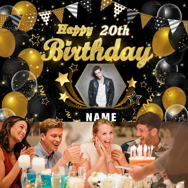 UUBAO Custom Black Gold Theme Birthday Banner for Party Happy Birthday Backdrop Decoration Personalized with Name and Photo
