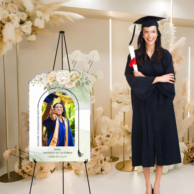 UUBAO Customized Welcome Sign for Graduation Party Personalized Acrylic Sign with Photo Name Class of 2025 Graduation Decor(Carving flowers)