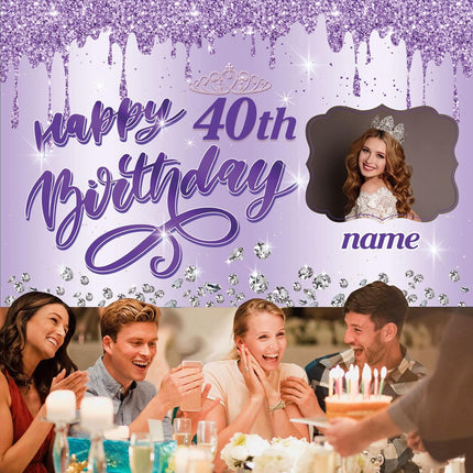 UUBAO Custom Happy Birthday Backdrop Personalization Glitter DiamondBanner for Girls Women(Purple)